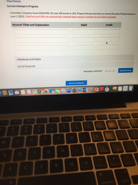  View Policies Current Attempt in Progress umber Company issues $260,000, 20