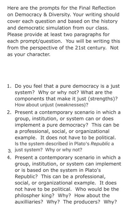  Here are the prompts for the Final Reflection on Democracy \&