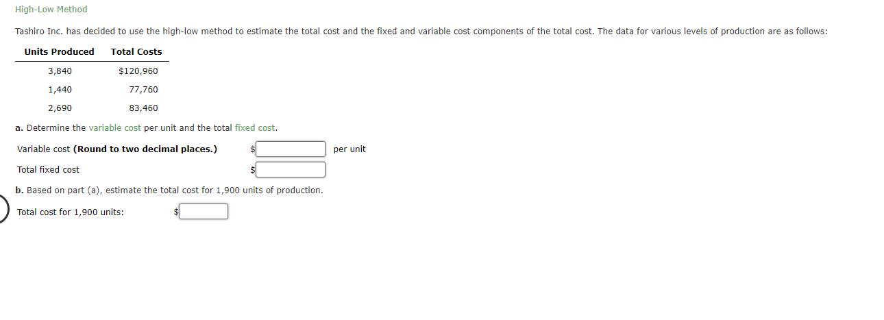 a. Determine the variable cost per unit and the total fixed