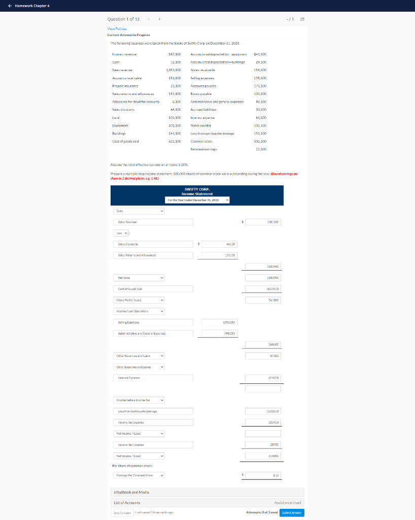 + Homework Chapter 4 Question 1 of 13 > -/1 E
