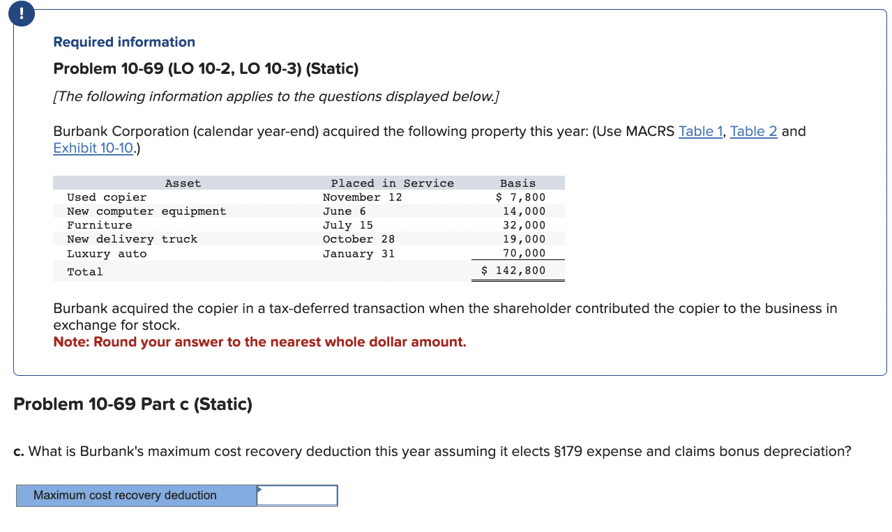 Required information Problem 10-69 (LO 10-2, LO 10-3) (Static) [The following