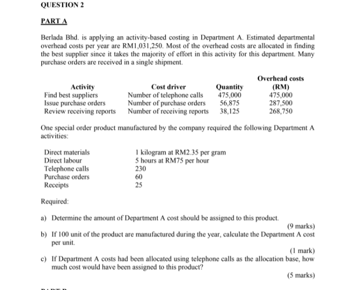  QUESTION 2 PART A Berlada Bhd. is applying an activity-based costing