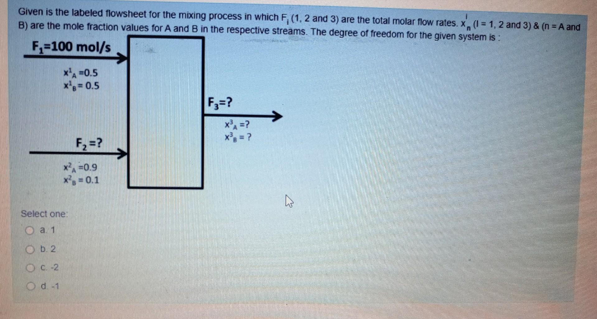  Given is the labeled flowsheet for the mixing process in which