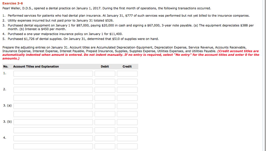 Exercise 3-6 Pearl Weller, D.D.S., opened a dental practice on January