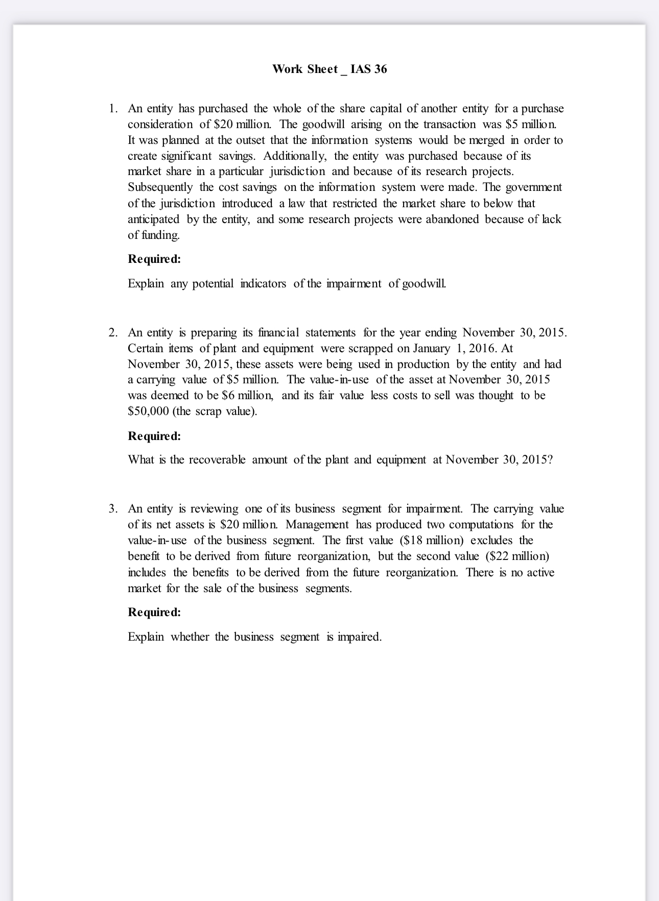  Work Sheet _ IAS 36 An entity has purchased the whole