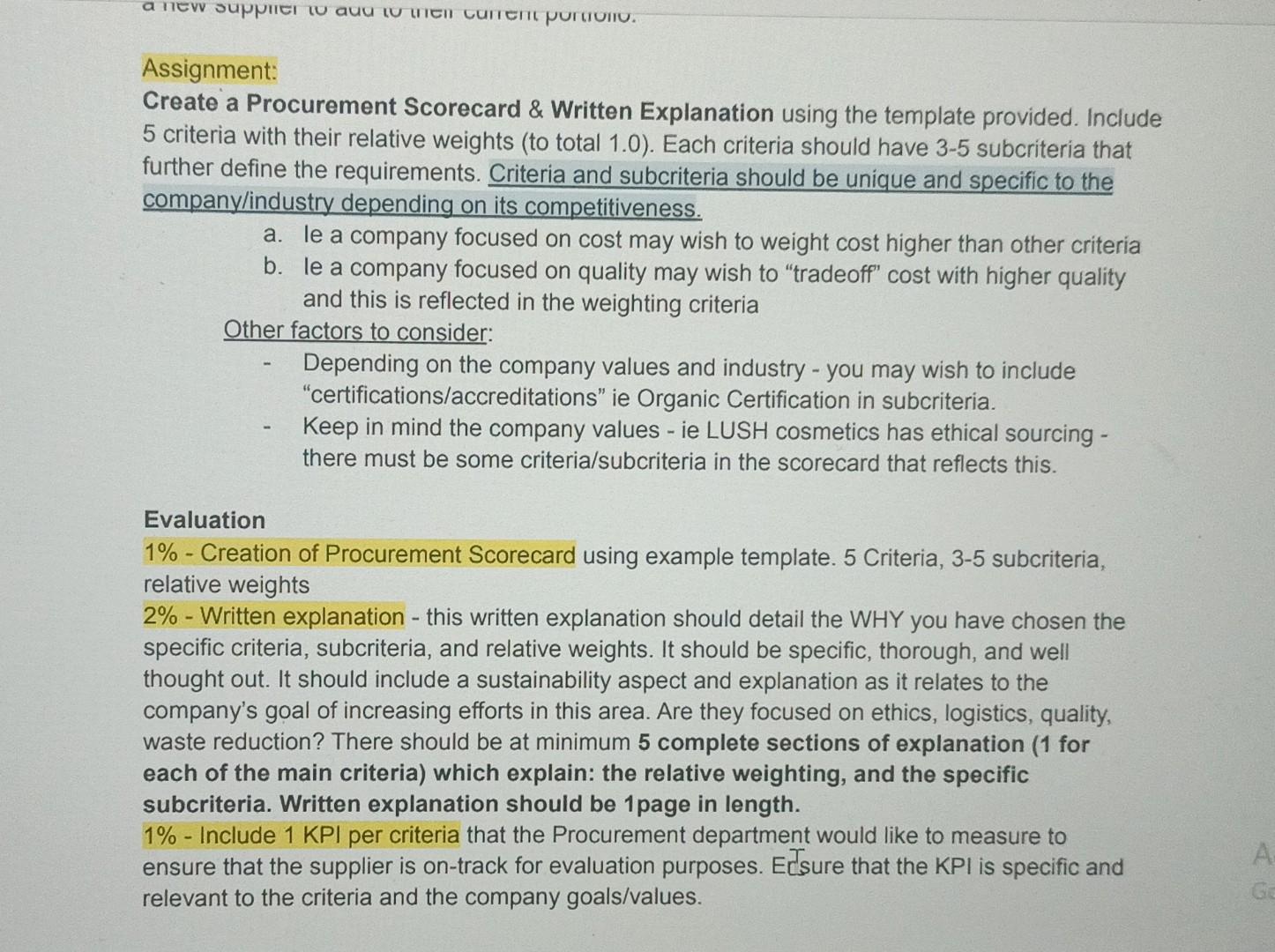 apple procurement score card Assignment: Create a Procurement Scorecard \& Written