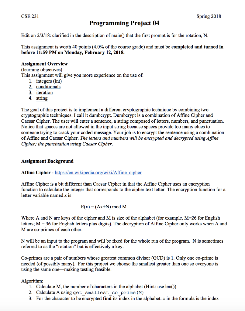  use the python code provided CSE 231 Spring 2018 Programming Project