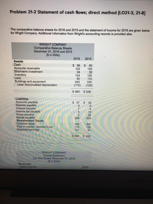  Problem 21-2 Statement of cash flows; direct method [LO21-3, 21-8] The