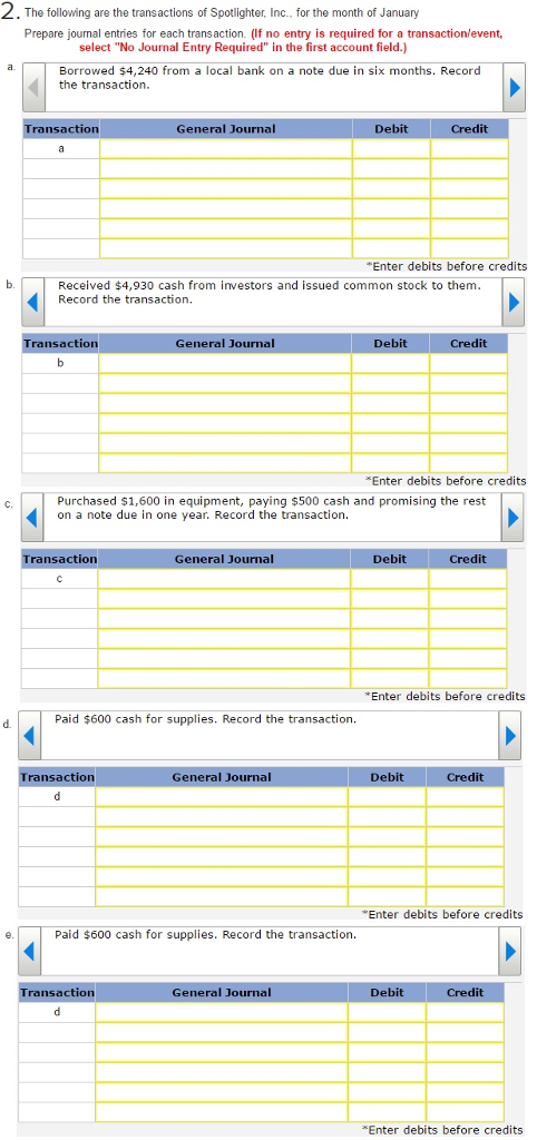 2. (a, b, c, d, e) The following are the transactions of