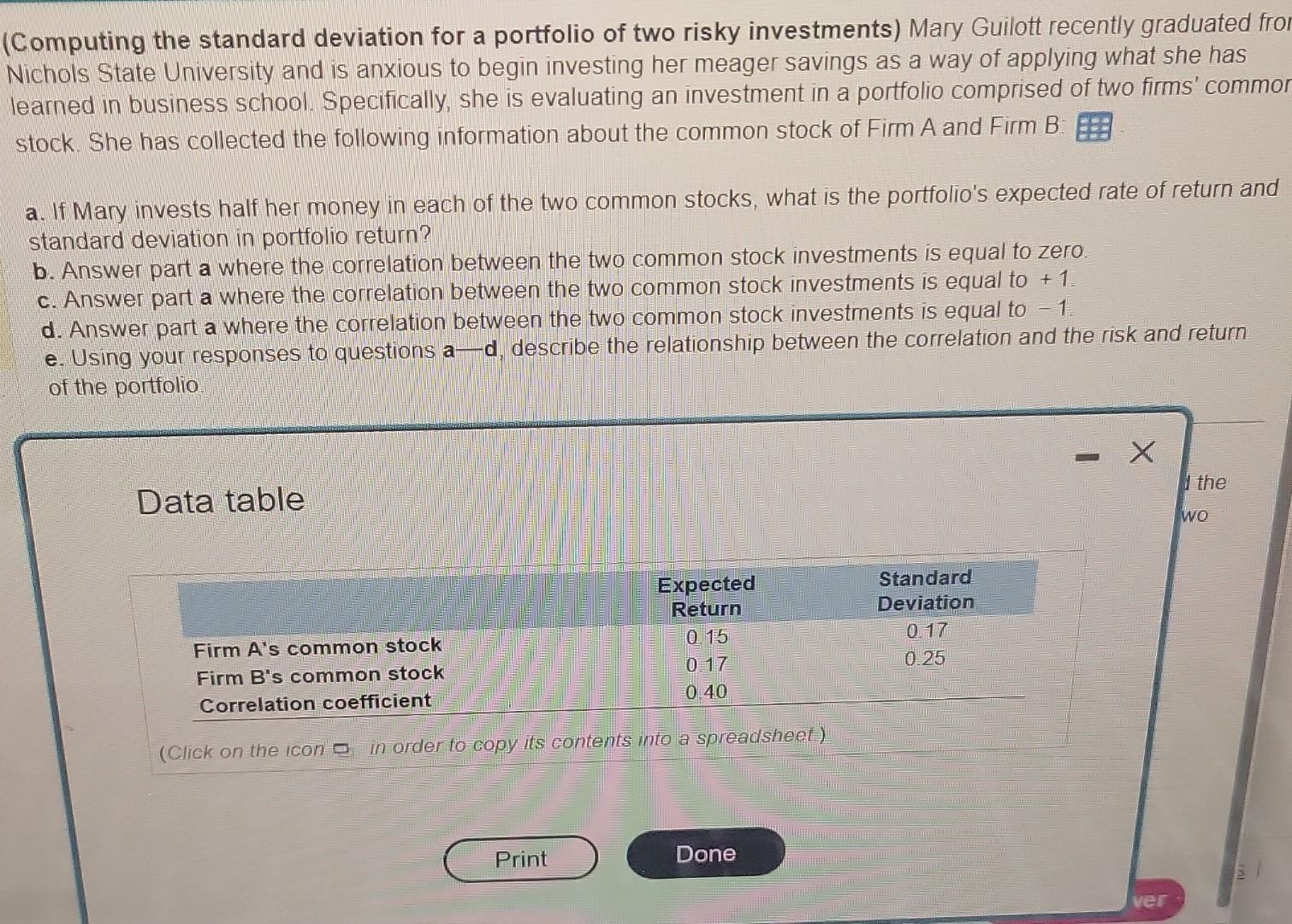  (Computing the standard deviation for a portfolio of two risky investments)