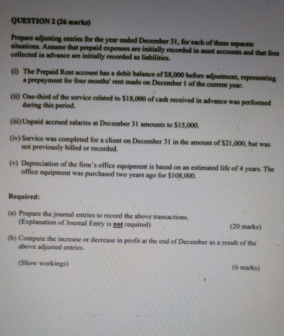 QUESTION 2 (26 marks) Prepare adjusting entries for the year ended