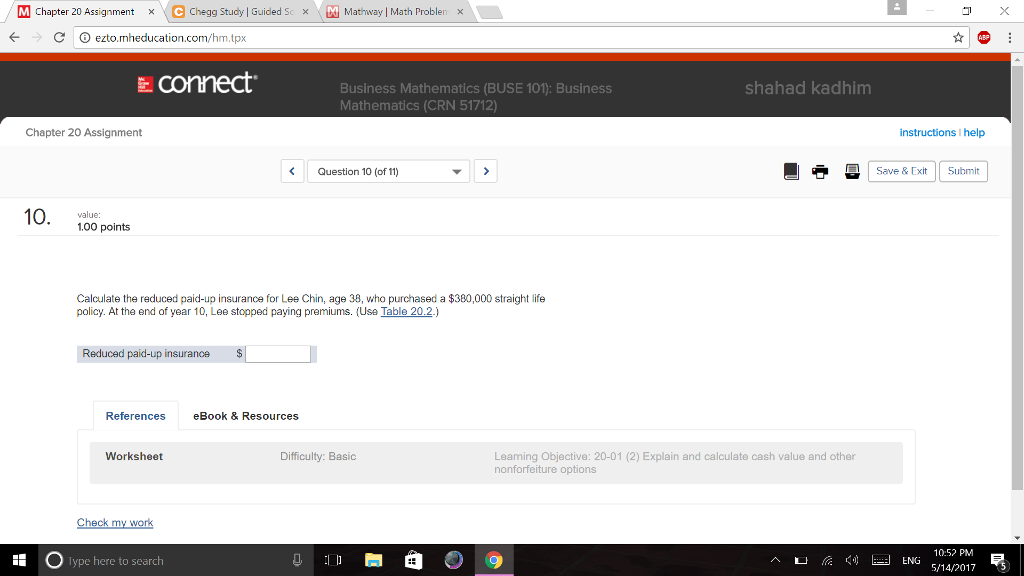 (BUSE 101): Business Mathematics (CRN 51712 Chapter 20 Assignment Question 3 (o