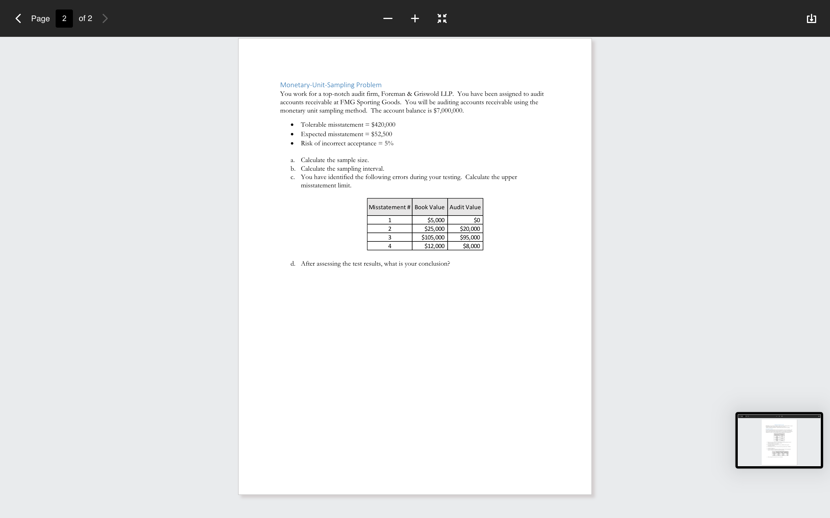  Monetary-Unit-Sampling Problem You work for a top-notch audit firm, Foreman &