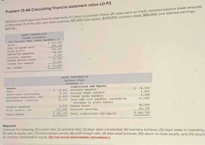  Problem 13-4A Calculating financial statement ratios LO P3 Selected current year-end