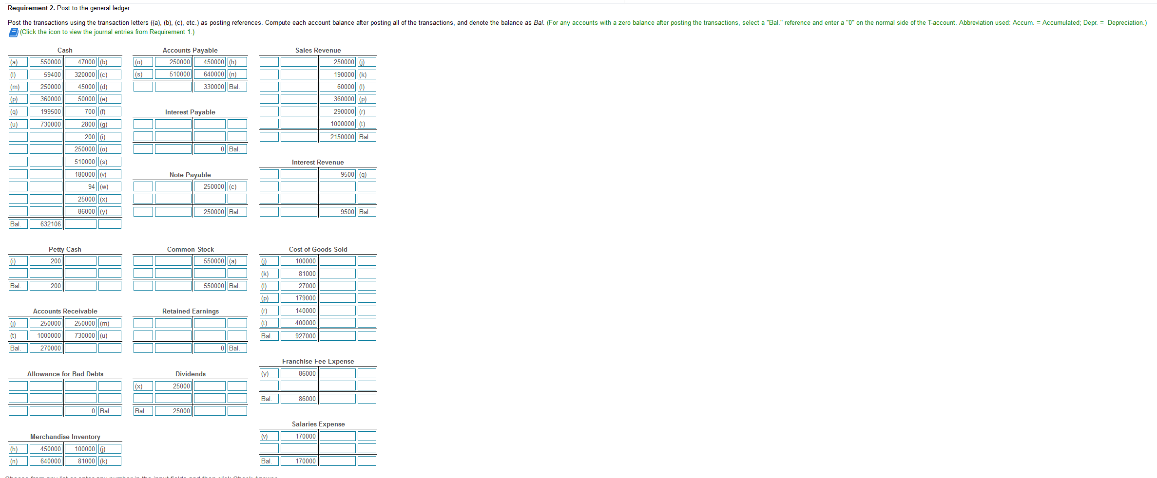 Post to the general ledger. Post the transactions using the transaction letters