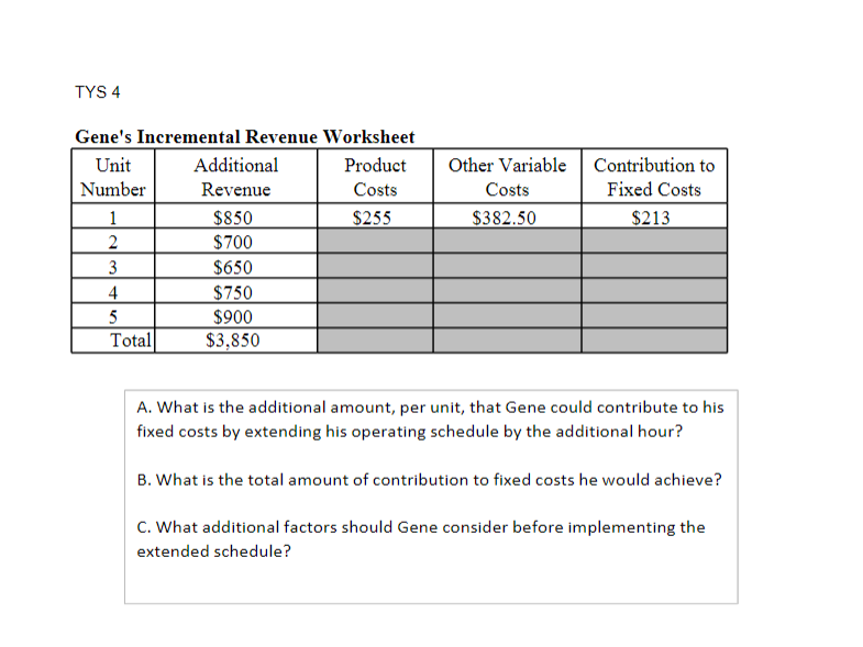  TYS 4 Gene's Incremental Revenue Worksheet \table[[\table[[Unit],[Number]],\table[[Additional],[Revenue]],\table[[Product],[Costs]],\table[[Other Variable],[Costs]],\table[[Contribution to],[Fixed Costs]]],[1,$850,$255,$382.50,$213 