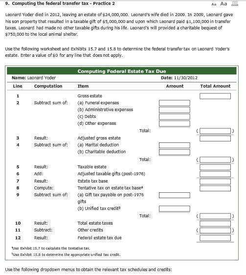 9. Computing the federal transfer tax Practice 2 Aa Aa Leonard