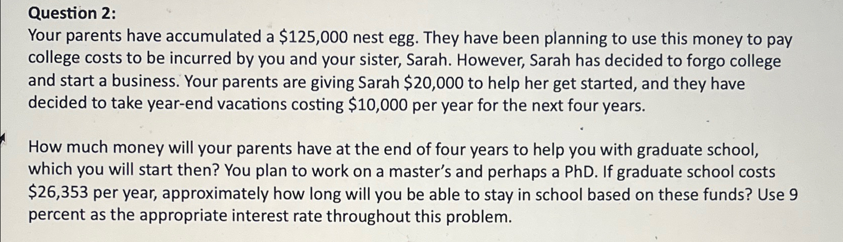  Question 2: Your parents have accumulated a $125,000 nest egg. They