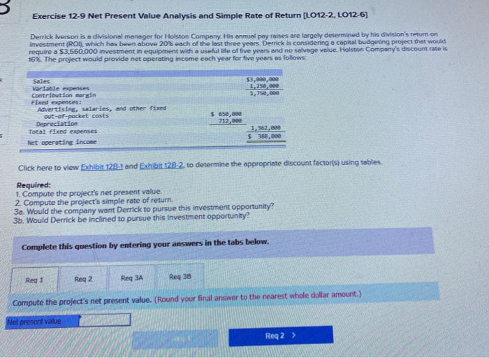  Exercise 12-9 Net Present Value Analysis and Simple Rate of Return