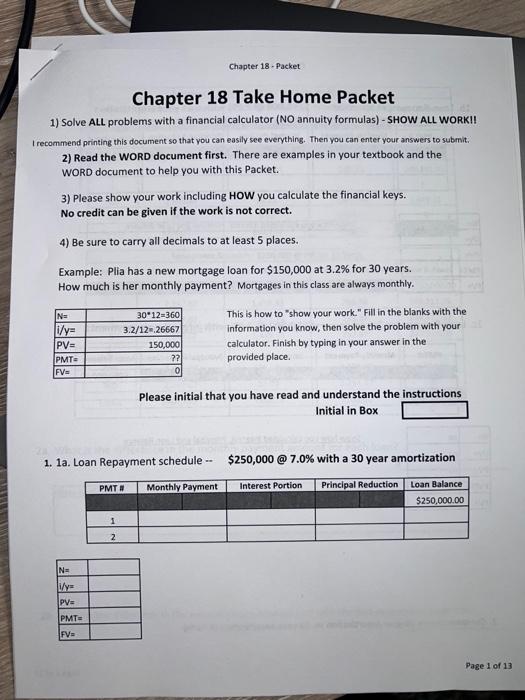  Chapter 18 Take Home Packet 1) Solve ALL problems with a