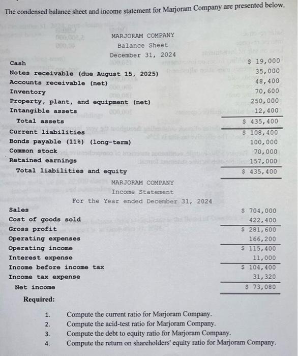  4. Compute the return on shareholders' equity ratio for Marjoram Company