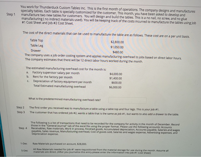  Step 1 You work for Thunderduck Custom Tables Inc. This is