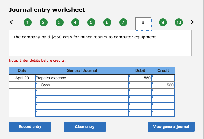 April 14 The company paid $800 cash for two weeks' salaries earned