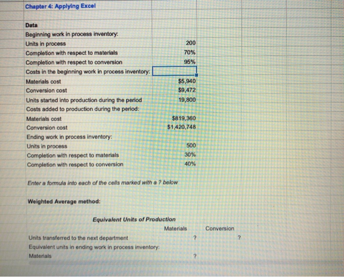  Chapter 4: Applying Excel Data Beginning work in process inventory Units