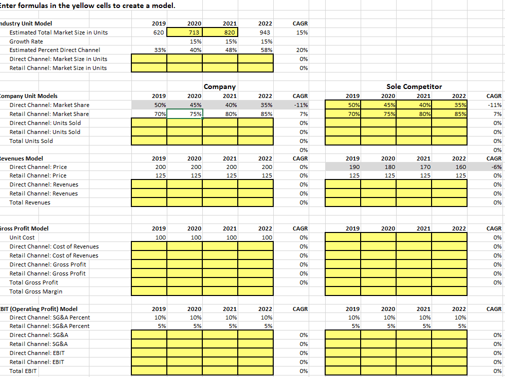  inter formulas in the yellow cells to create a model. inter