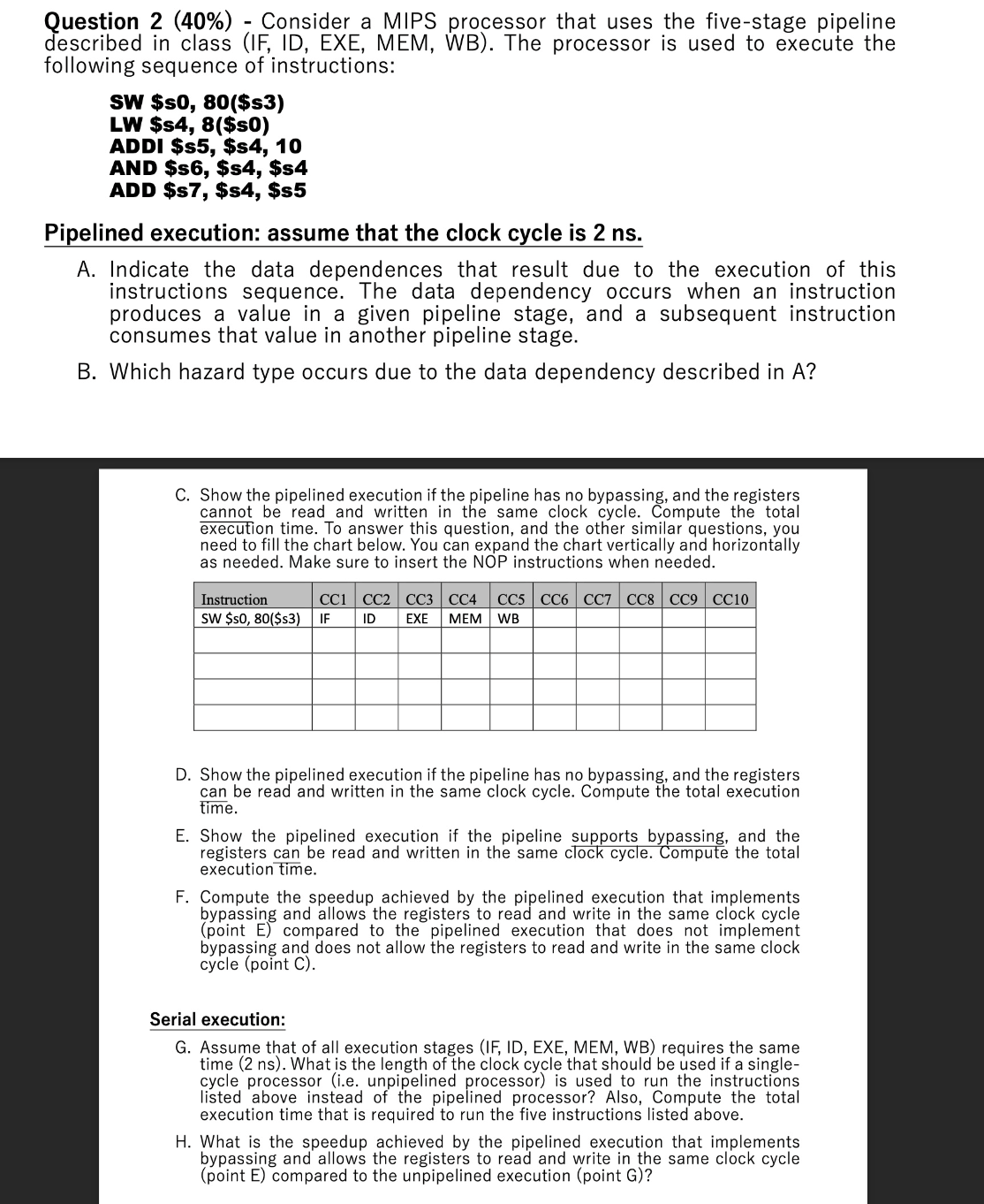  Question 2(40%)- Consider a MIPS processor that uses the five-stage pipeline