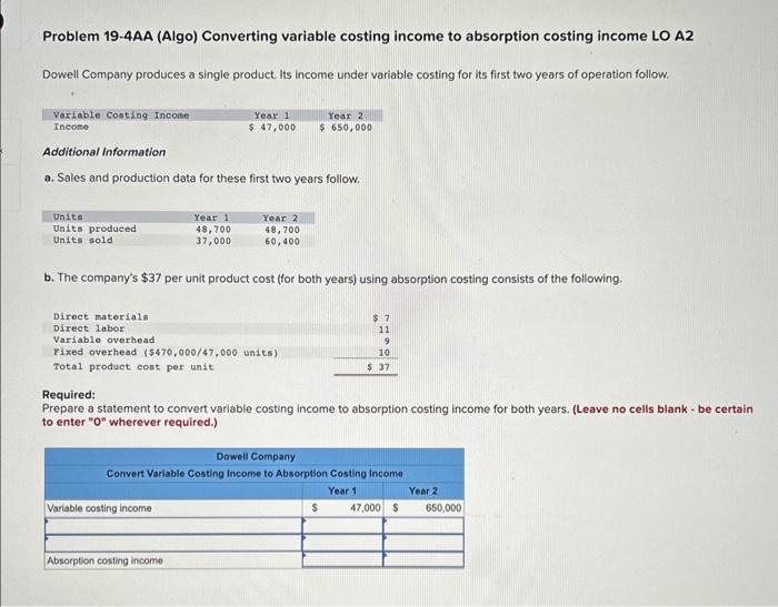  Problem 19-4AA (Algo) Converting variable costing income to absorption costing income