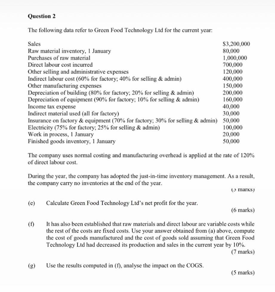 please help Question 2 The following data refer to Green Food