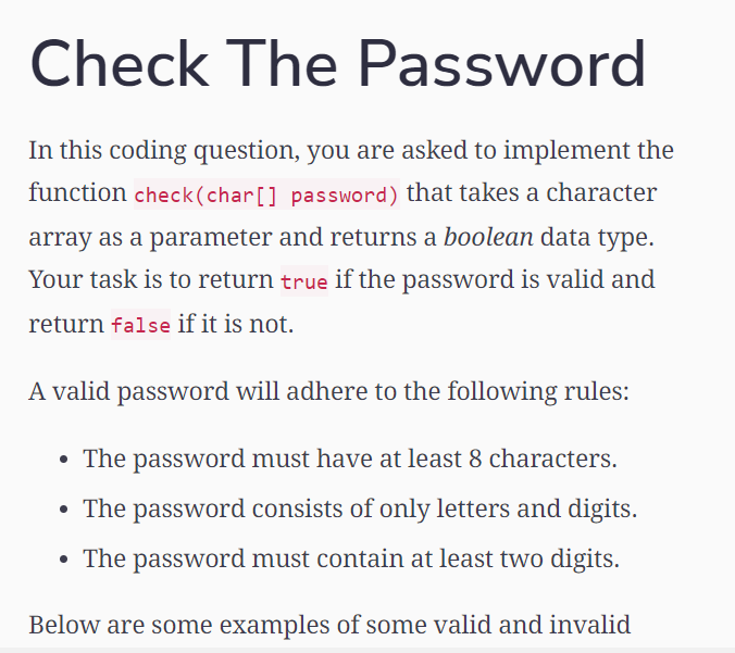 USE JAVA TO ANSWER THE BELOW SHIRT FROM EDUCATIVE.IO: Check The Password
