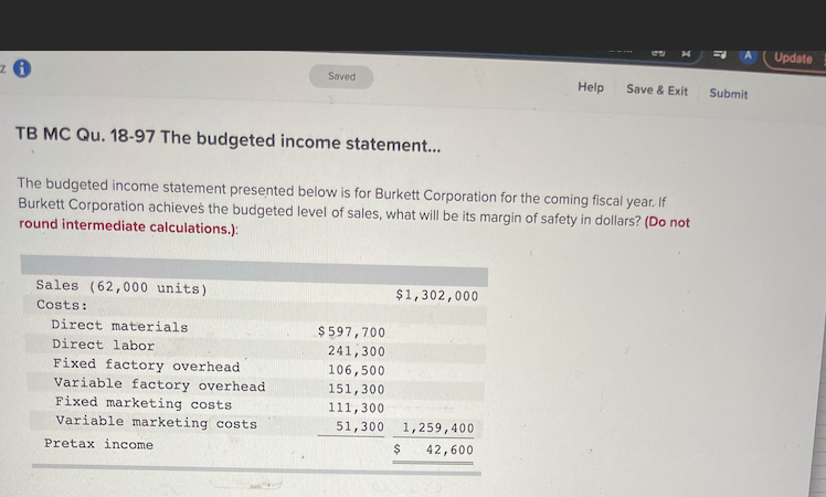  Update Saved Help Save & Exit Submit TB MC Qu. 18-97