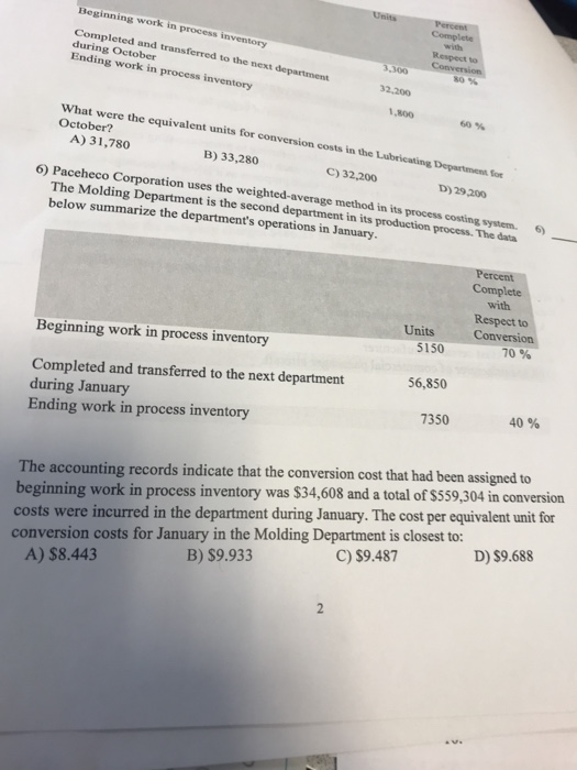  Beginning work in process inventory Respect to Completed and transferred to