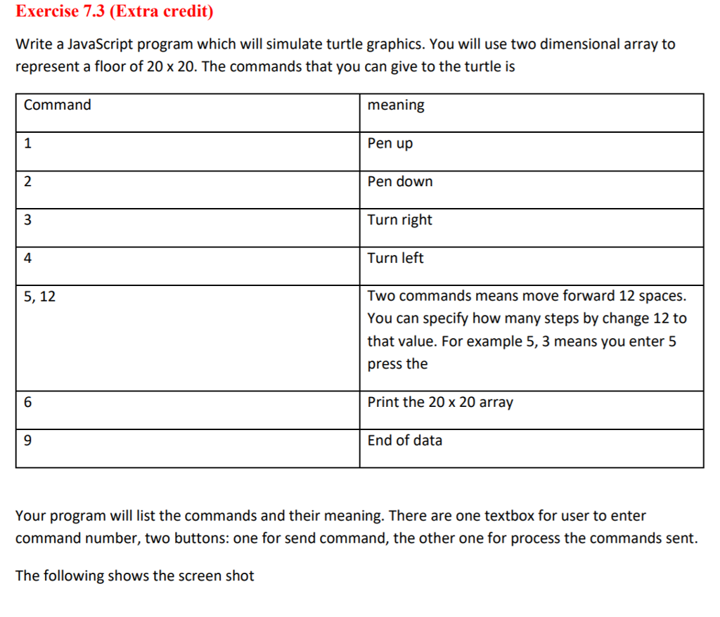  Exercise 7.3 (Extra credit) Write a JavaScript program which will simulate