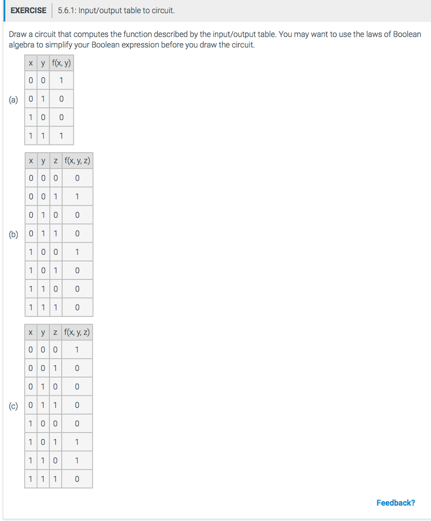 Need help with Discrete Math... EXERCISE 5.6.1: Input/output table to circuit. Draw