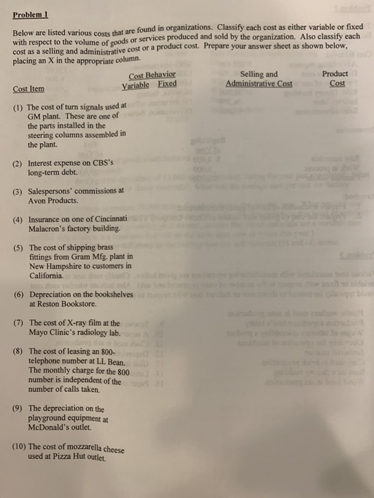  Problem 1 Below are listed various costs that are found in