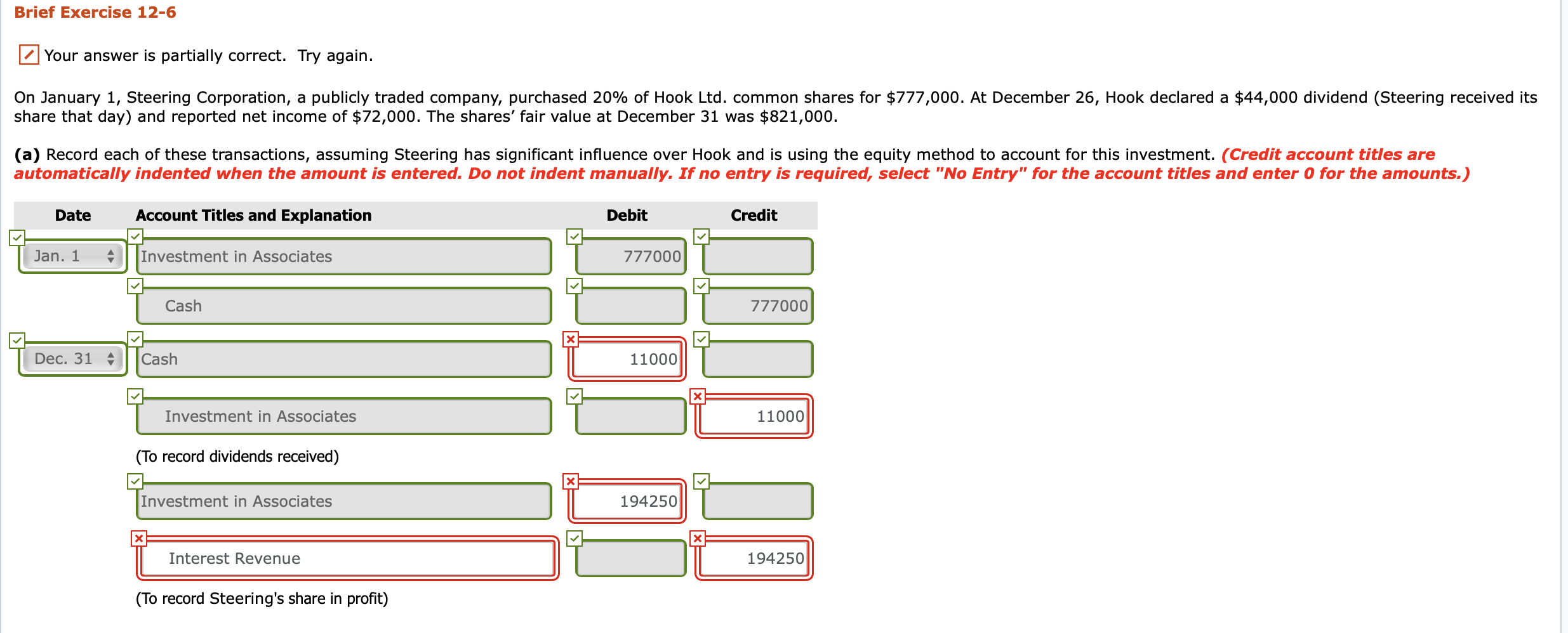  Brief Exercise 12-6 Your answer is partially correct. Try again. On