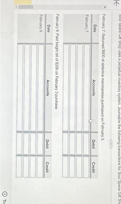 Returned $600 of defective merchandise purchased on February 3. February 9: Paid