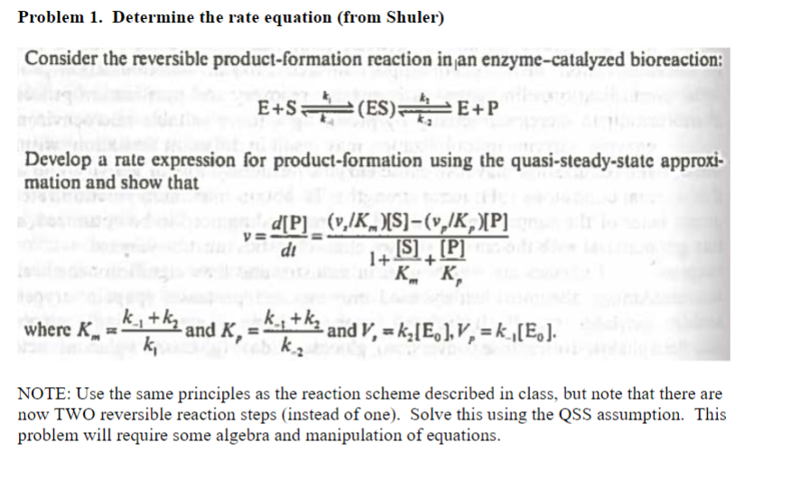  Problem 1. Determine the rate equation (from Shuler) Consider the reversible