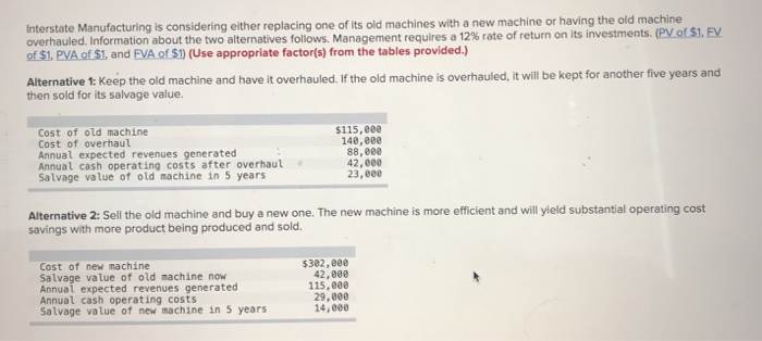  Interstate Manufacturing is considering either replacing one of its old machines