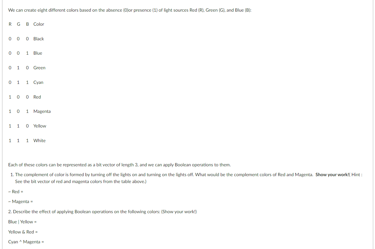  We can create eight different colors based on the absence (0)or
