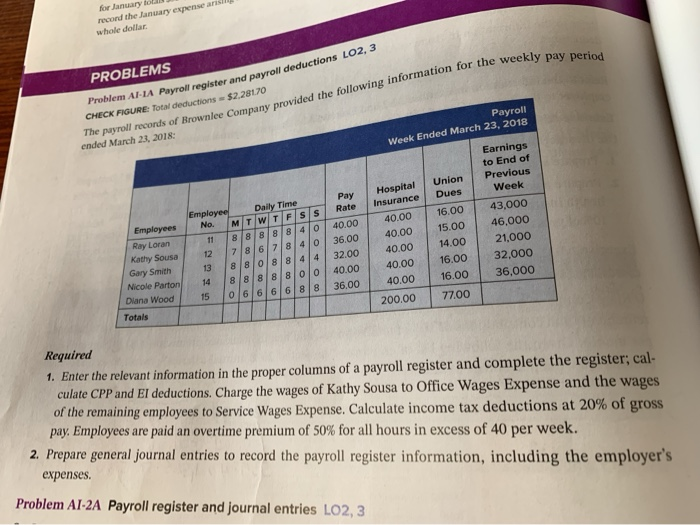  Problem ARIA Payroll register and payroll deductions LO2, 3 The payroll
