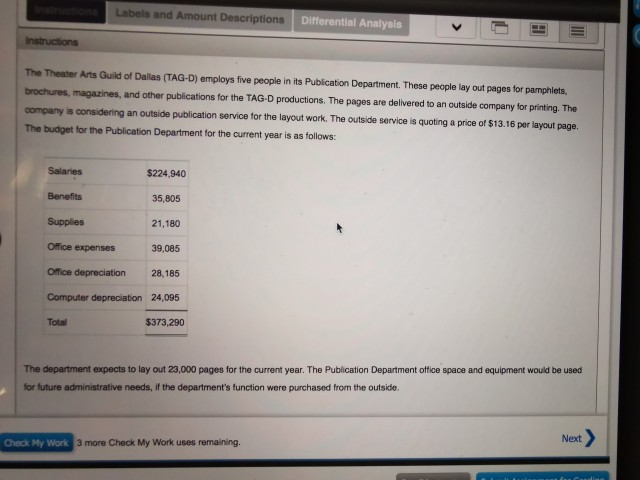  Labels and Amount Descriptions Differential Analysis B Instructions The Theater Arts