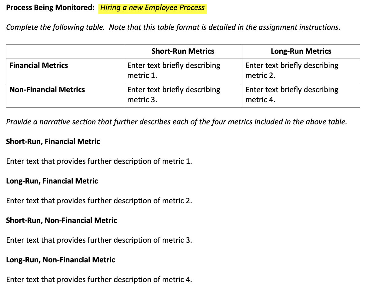  Process Being Monitored: Hiring a new Employee Process Complete the following