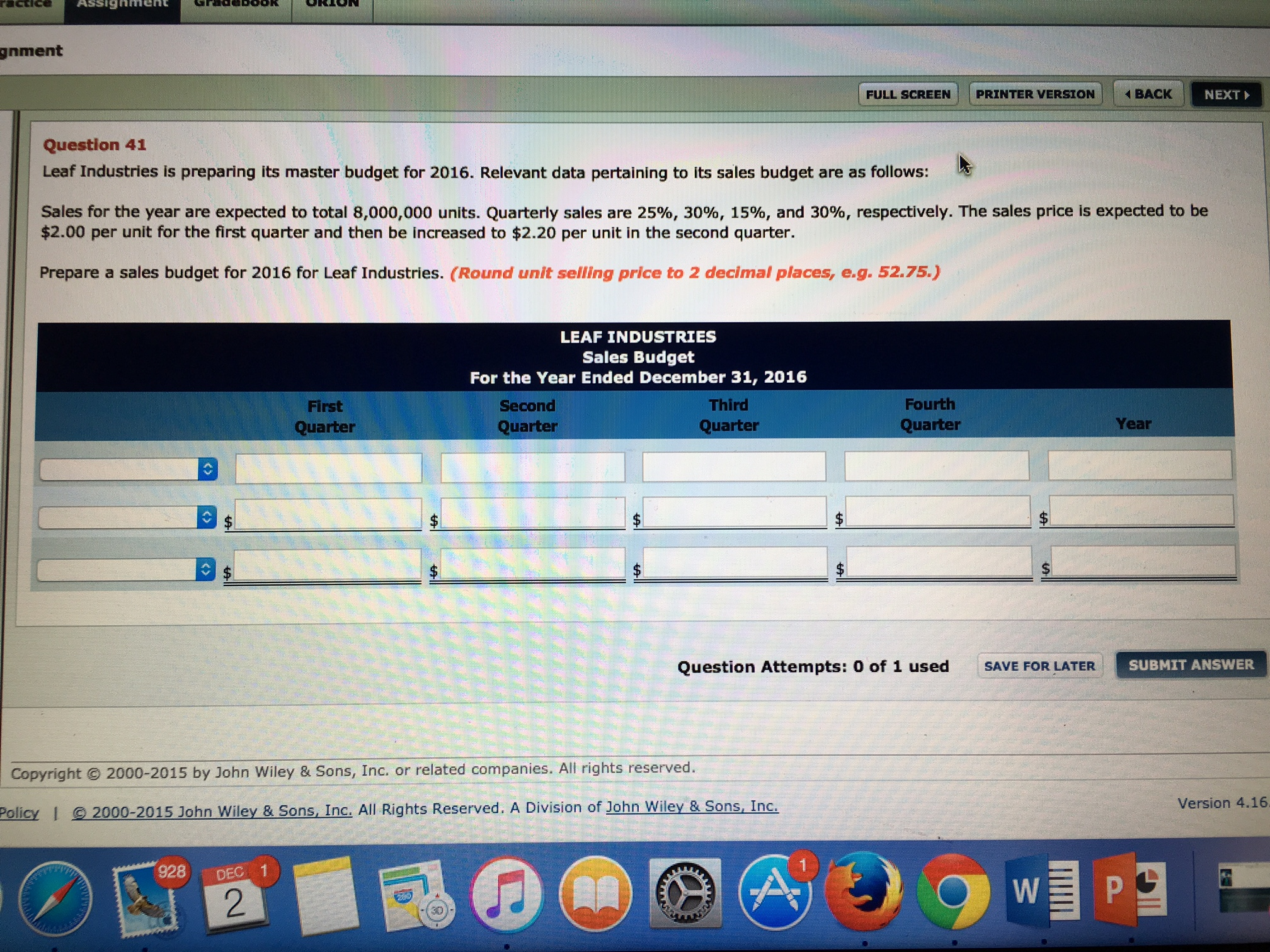 #41 Leaf Industries is preparing its master budget for 2016. Relevant data