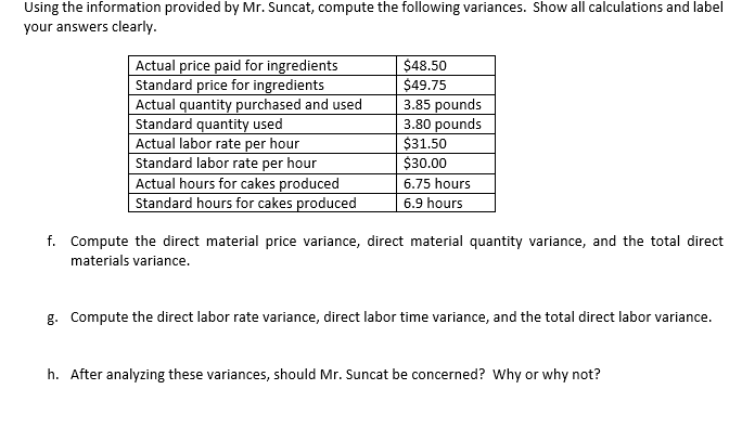  Using the information provided by Mr. Suncat, compute the following variances.