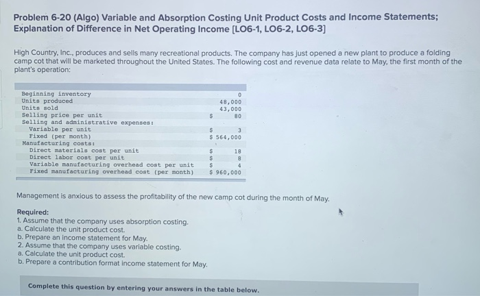  Problem 6-20 (Algo) Variable and Absorption Costing Unit Product Costs and