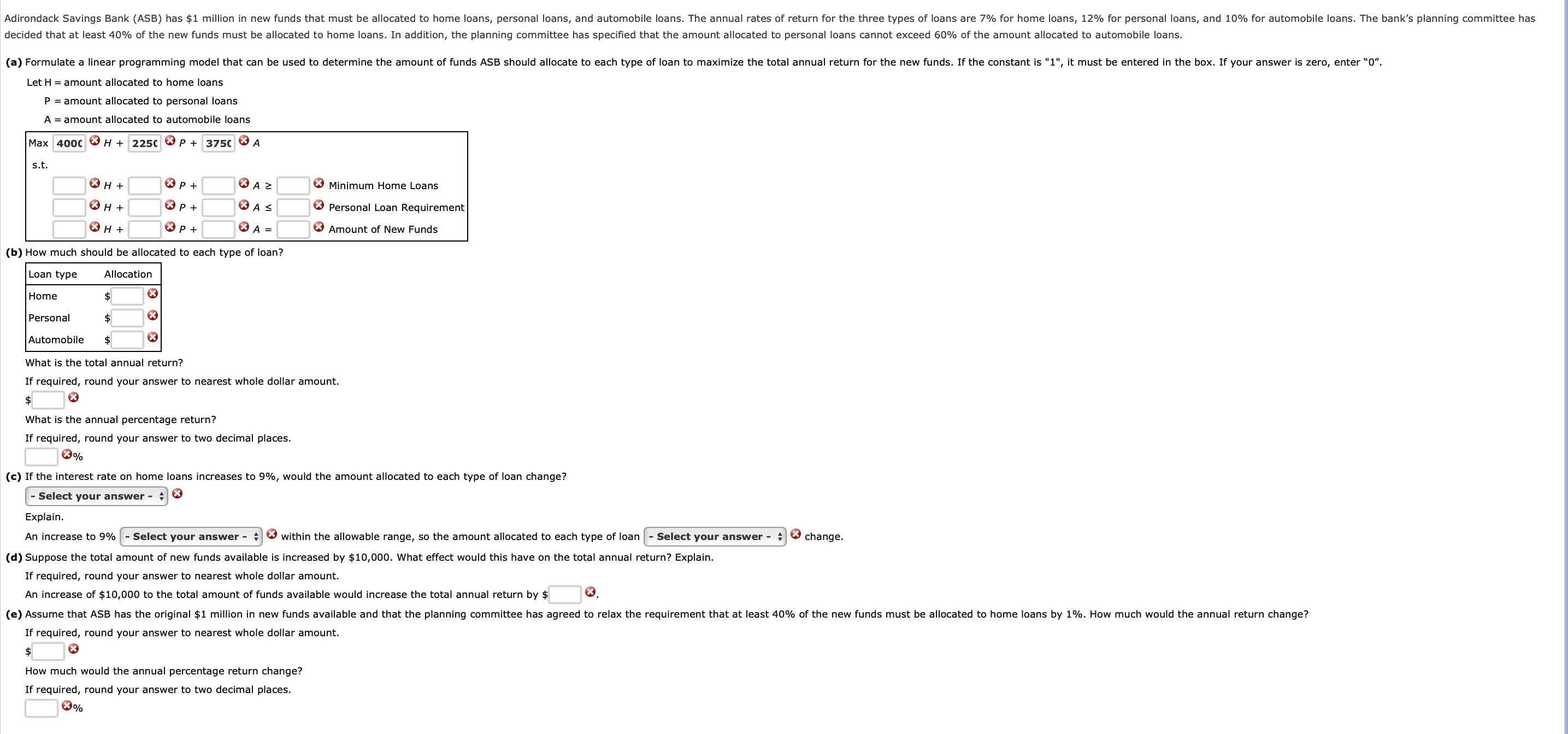  Let H= amount allocated to home loans P= amount allocated to